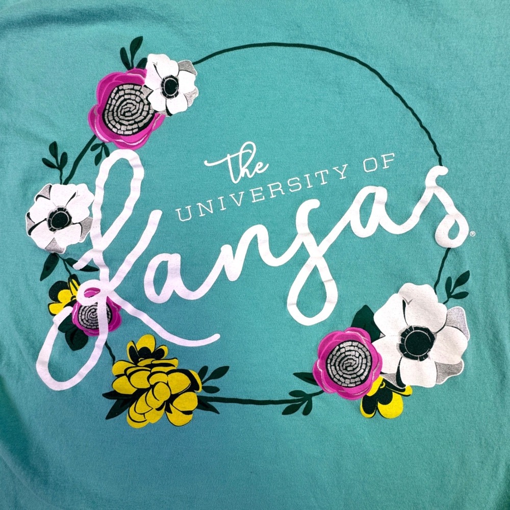 Champion University of Kansas Jayhawks Floral Pocket T-Shirt Teal Green Womens M
